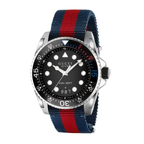 stainless steel gucci watch with a blue red blue flag|vintage Gucci stainless steel watch.